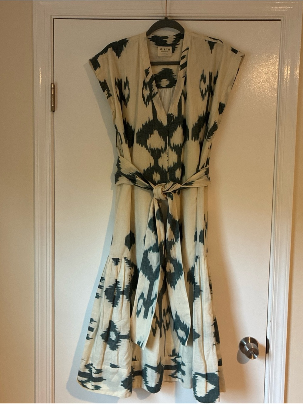MIRTH cream/green Ikat print sleeveless dress